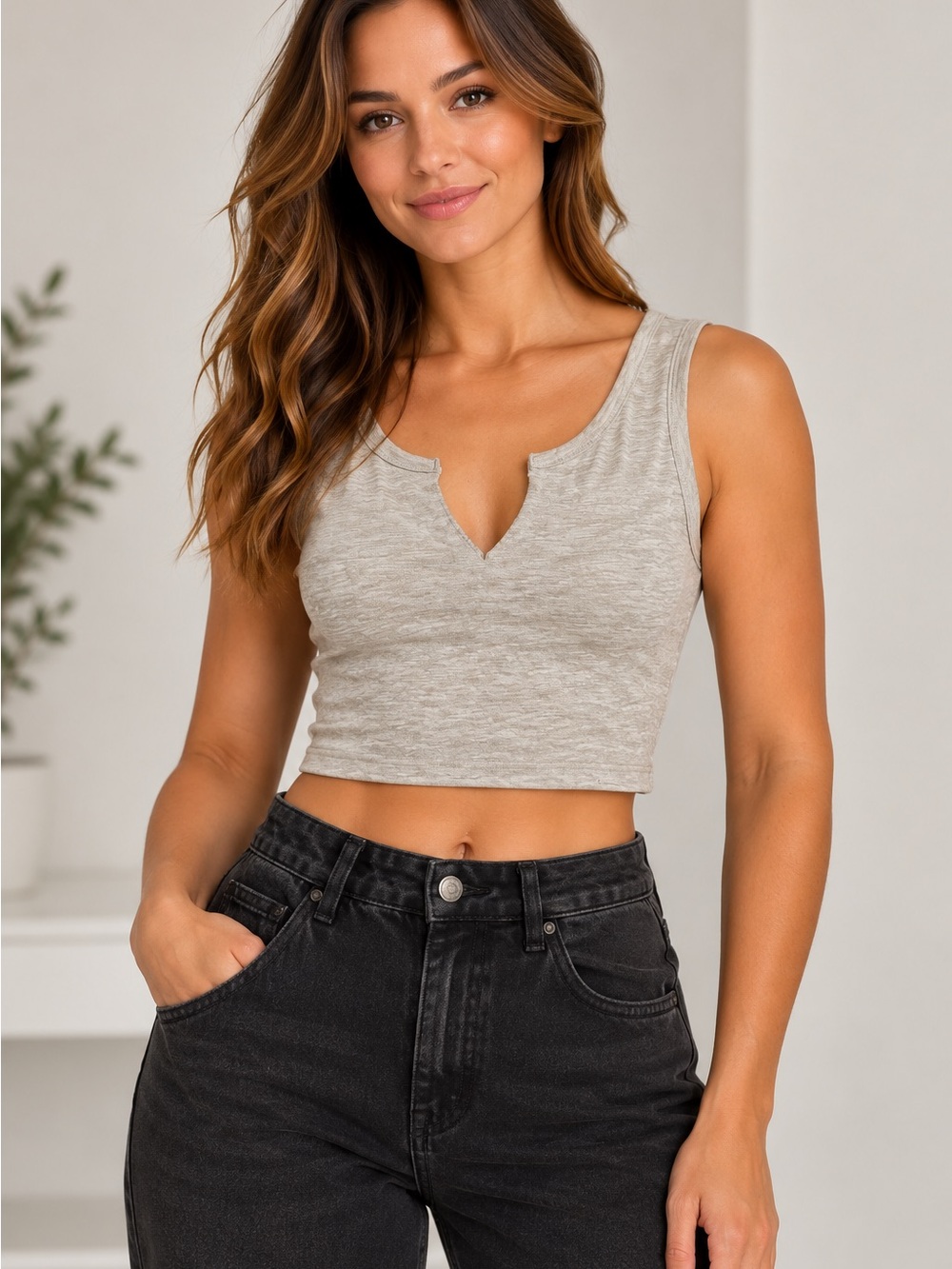 Blanc Women’s Small Beige Sleeveless Crop Top V Notch Scoop Neck Tank S